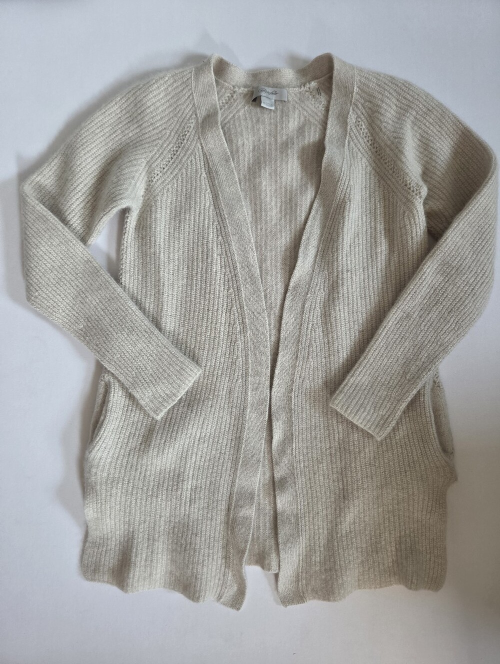 Christopher Fischer 100% Cashmere open front cardigan oatmeal pockets size S